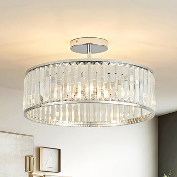 19.7" Modern Crystal Chandeliers Semi Flush Mount Ceiling Light, Large Round Crystal Chandelier Ceiling Lights