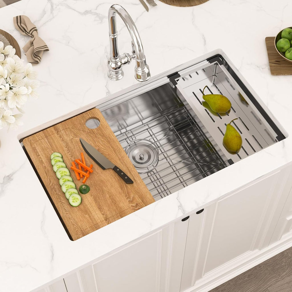 32 Inch Undermount Kitchen Sink - 32x19 Undermount Workstation Sink, 16 Gauge Stainless Steel Deep Single Bowl