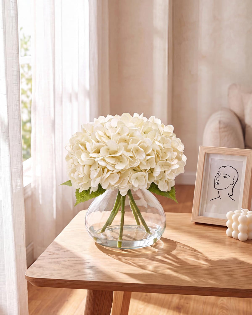 Hydrangea Artificial Flowers with Vase, Real Touch Latex Fake Hydrangeas with Faux Water and Leaves, Realistic Faux