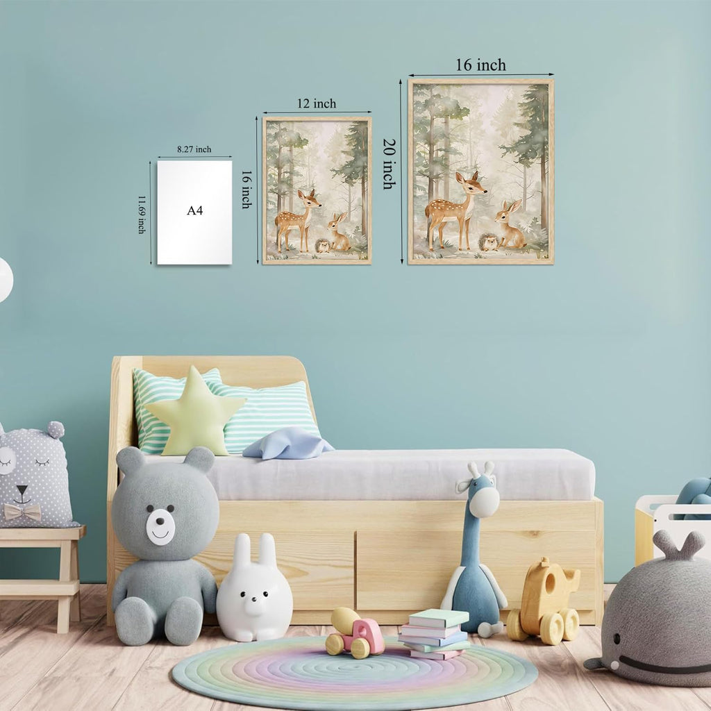 3 Piece OAK Wood Framed Wall Art Woodland Wall Decor Animals Canvas Art Deer Hedgehog Fox Bear Pictures Forest