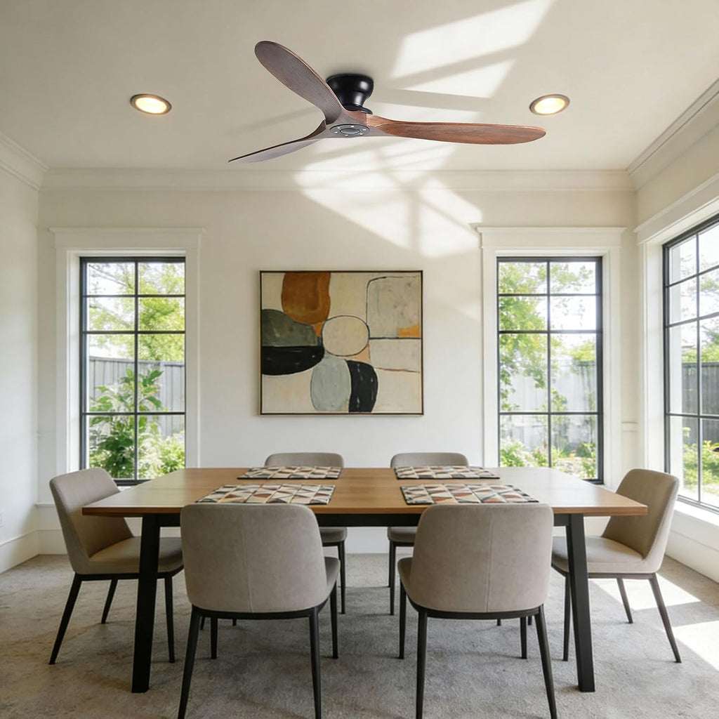 Solid Wood 60in Ceiling Fan Without Lights Flush Mount Ceiling Fans with Remote Control 6 Speeds