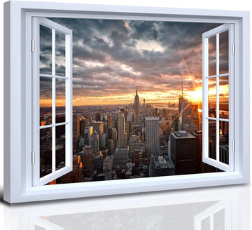Modern Cityscape Canvas Wall Art Window View of Urban Architecture Panorama Picture City Skyscraper Building Artwork