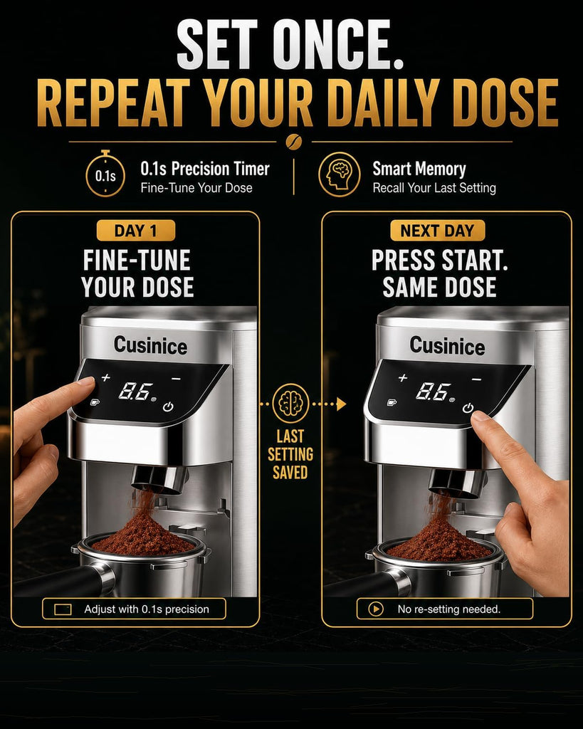 Conical Burr Coffee Grinder, Anti-Static, 0.1s Single/Double Shot Timer | 34 Grind Settings, Smart Memory, Custom