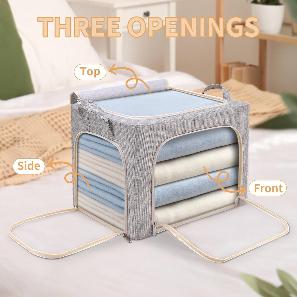 3-Side Zippered Openings Clothes Storage Bins with Thick Metal Frame, Stackable & Foldable Clothing Storage Bins with