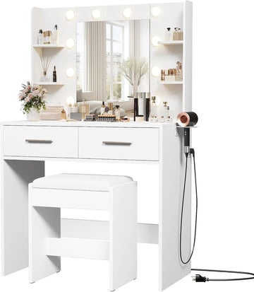 Make up Vanity Desk with Mirror and Power Outlet, Vanity with 3 Color Light Options Adjustable Brightness, Vanity