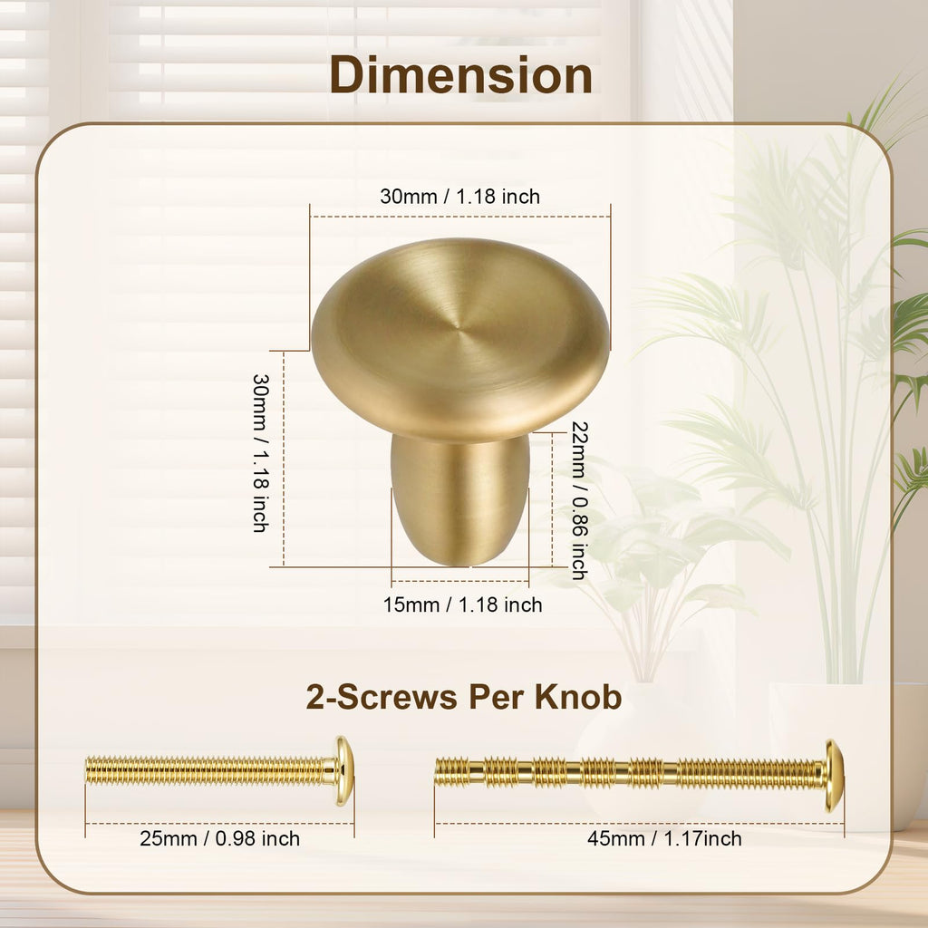 4 Pack Solid Brass Cabinet Knobs - 1.18" Round Mushroom Drawer Knobs, Brushed Gold Hardware Dresser Cupboards