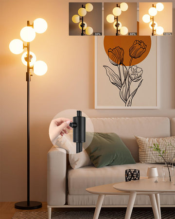 5-Globe Dimmable Globe Floor Lamp Black Standing Lamps with 5Pcs 3000K Bulbs Included Brightness Adjustable Retro Mid