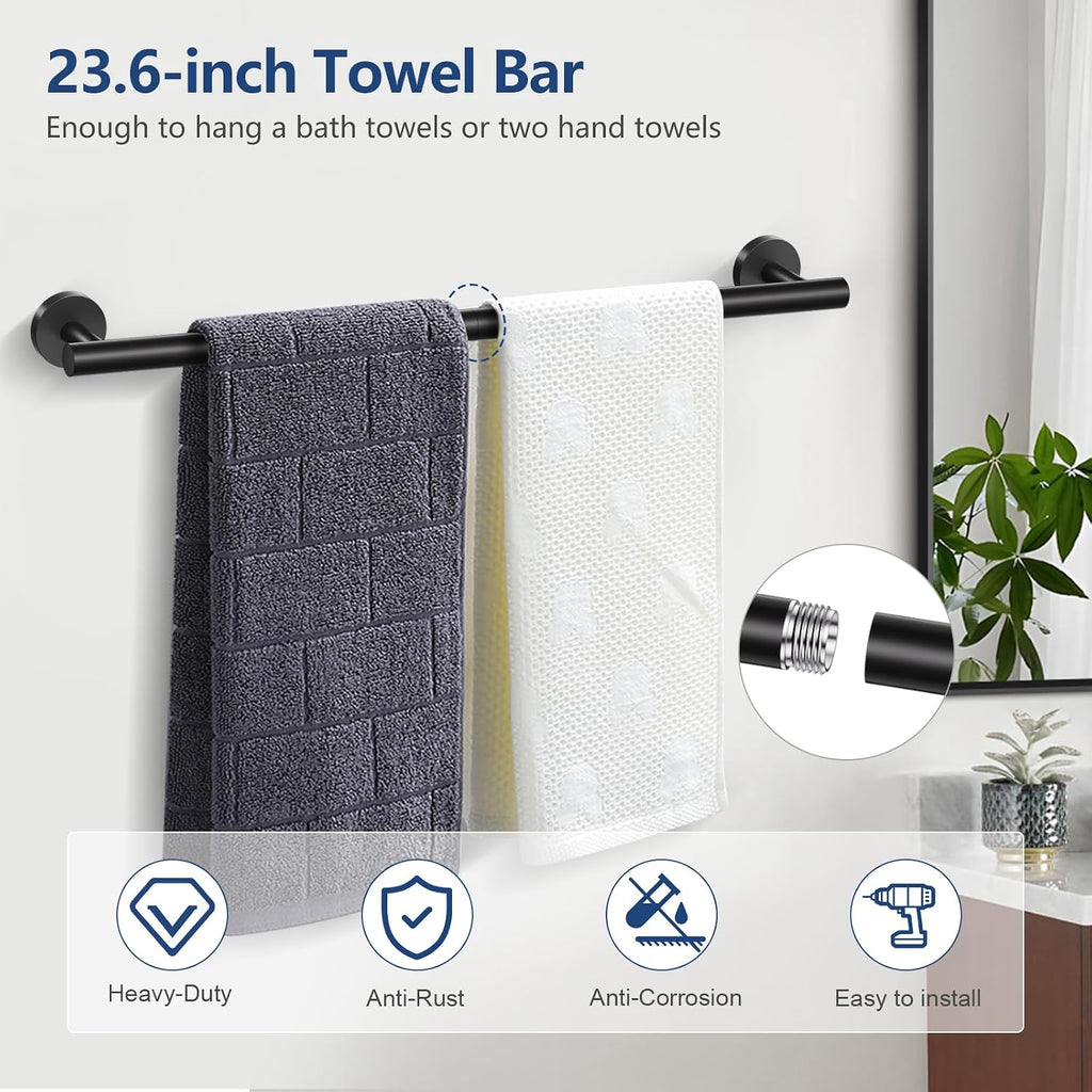Bathroom Hardware Set Black, 5 Piece Bathroom Towel Bar Holder Sets | SUS304 Stainless Steel, 23.6" Toilet Paper