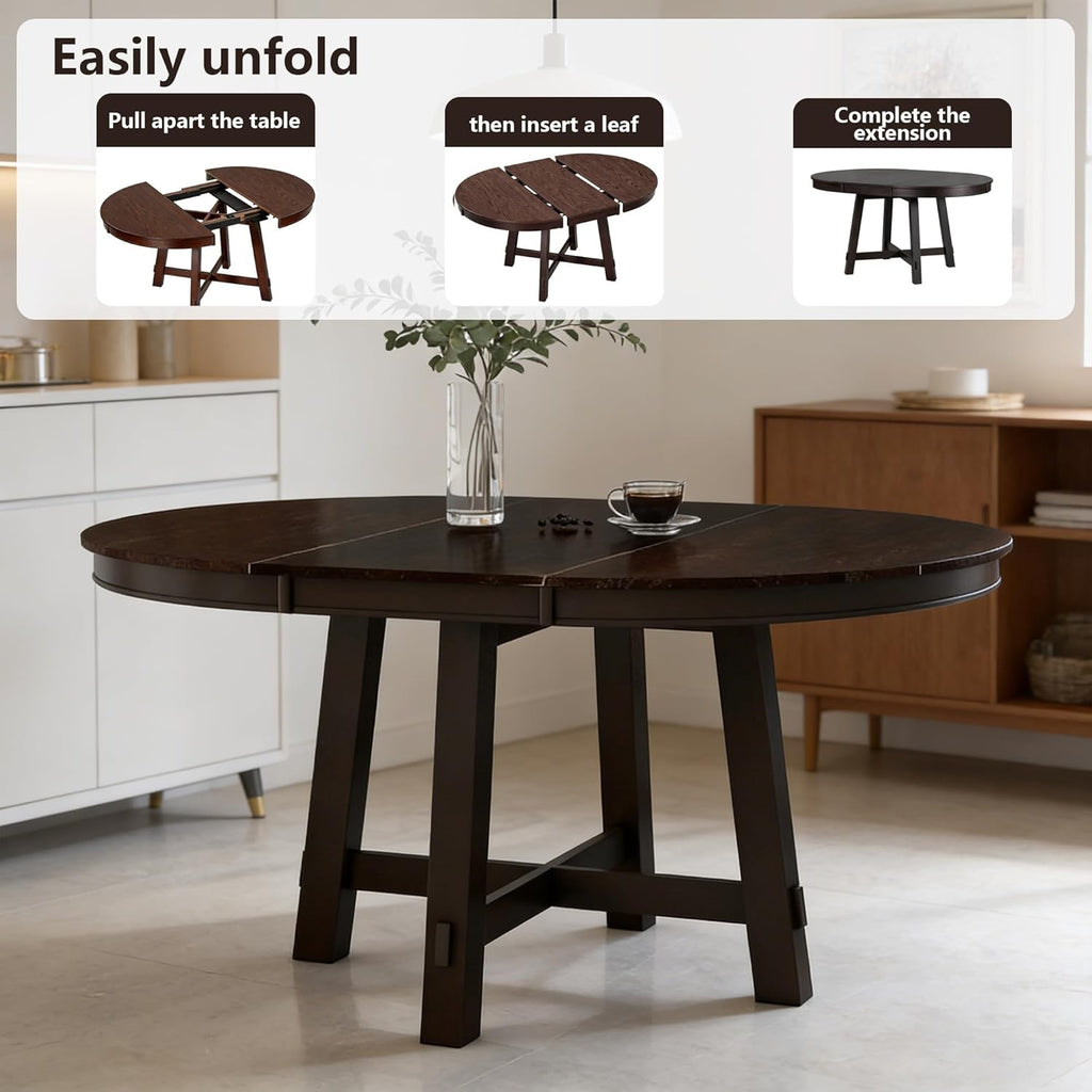 42"-58" Extendable Dining Table for 4-6, Solid Wood Oval Dining Kitchen Table with Removable Leaf, Farmhouse Circle