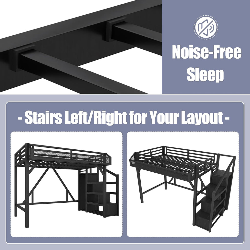 Queen Loft Bed Frame with Storage Stairs, Beside Shelf & Wardrobe, Metal Queen Loft Bed with LED Light & USB Ports