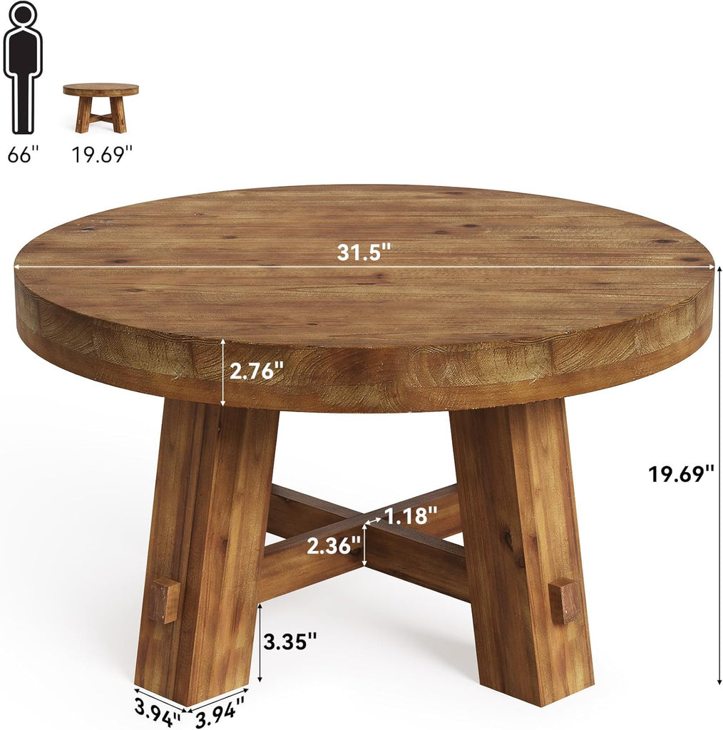31.5-Inch Round Coffee Table, Solid Wood Center Table with Thickened Tabletop, Small Space (Rustic Brown)