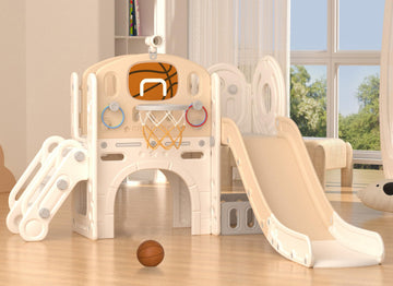 Toddler Slide Set, 9 in 1 Indoor Outdoor Playset for 1-3, Beige Brown