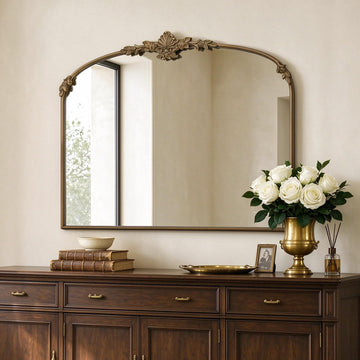 Antique Arched Gold Mirror: 40"x30" Large Vintage Brass Decorative