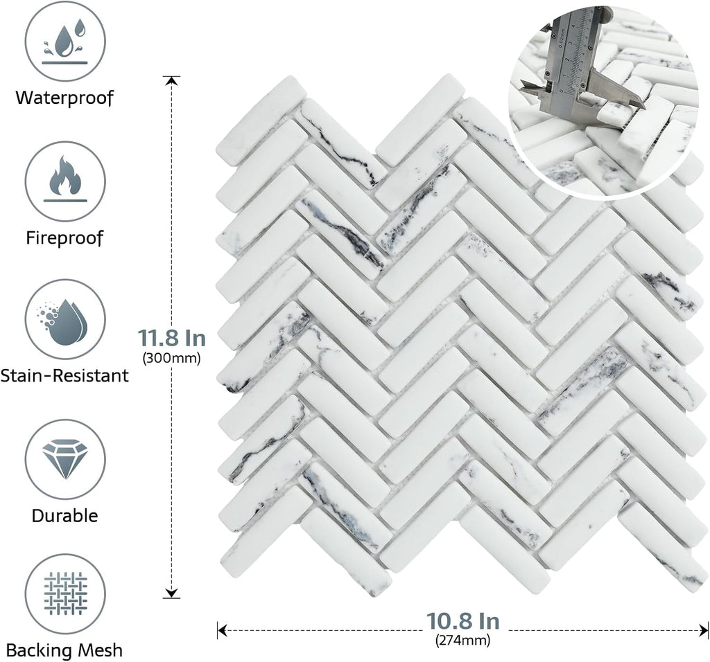 Carrara White Marble Look 3D Herringbone Recycled Glass Matte Mosaic Tile for Bathroom Shower Kitchen Backsplash
