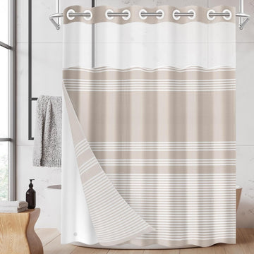 No Hook Shower Curtain with Snap in Fabric Liner Set, Striped Beige Waffle Weave Ombre Heavy Duty Bathroom Curtain