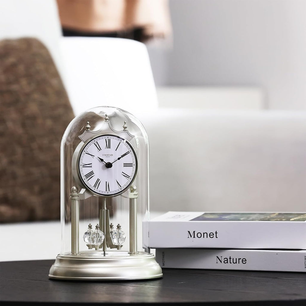 9" Genevieve Mantel Clock with Revolving Pendulum, 50th Anniversary Clock Glass Dome, Wedding Gifts