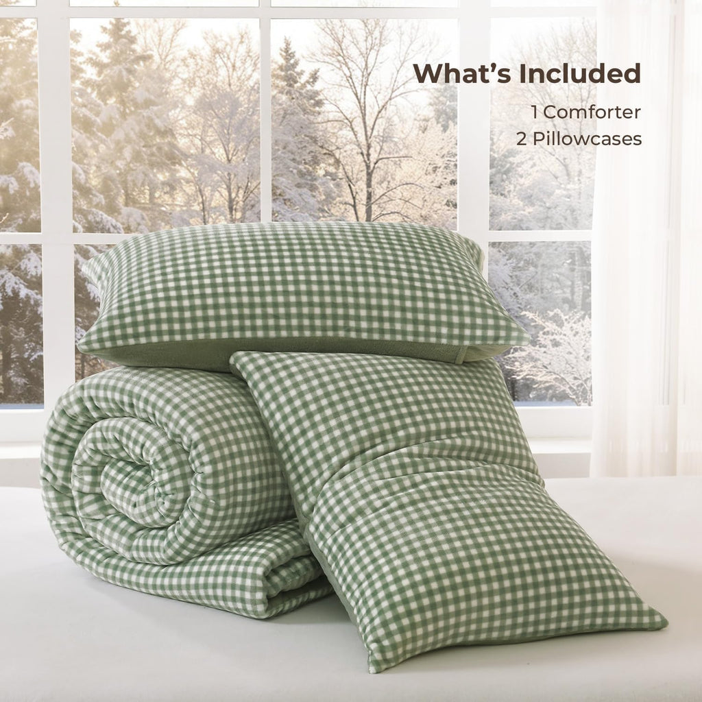 Velvet Flannel Gingham Comforter Set Full, 3 Pcs Sage Blanket