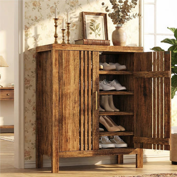 Shutter Doors 5-Tier Shoe Storage Cabinet with Adjustable Shelves, Wooden Entryway Cabinet Living Room, Freestanding