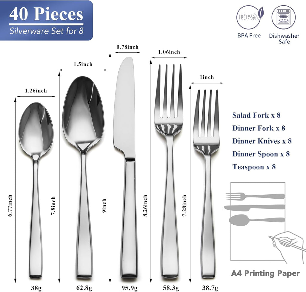 40-Piece Silverware Set Service for 8, Premium Stainless Steel Cutlery Set