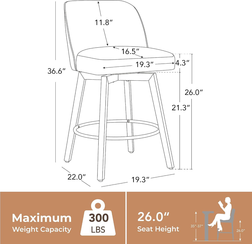 Modern Swivel Counter Height Bar Stools Set of 2, 26" Upholstered Counter Stools, Solid Wood Legs, Comfortable