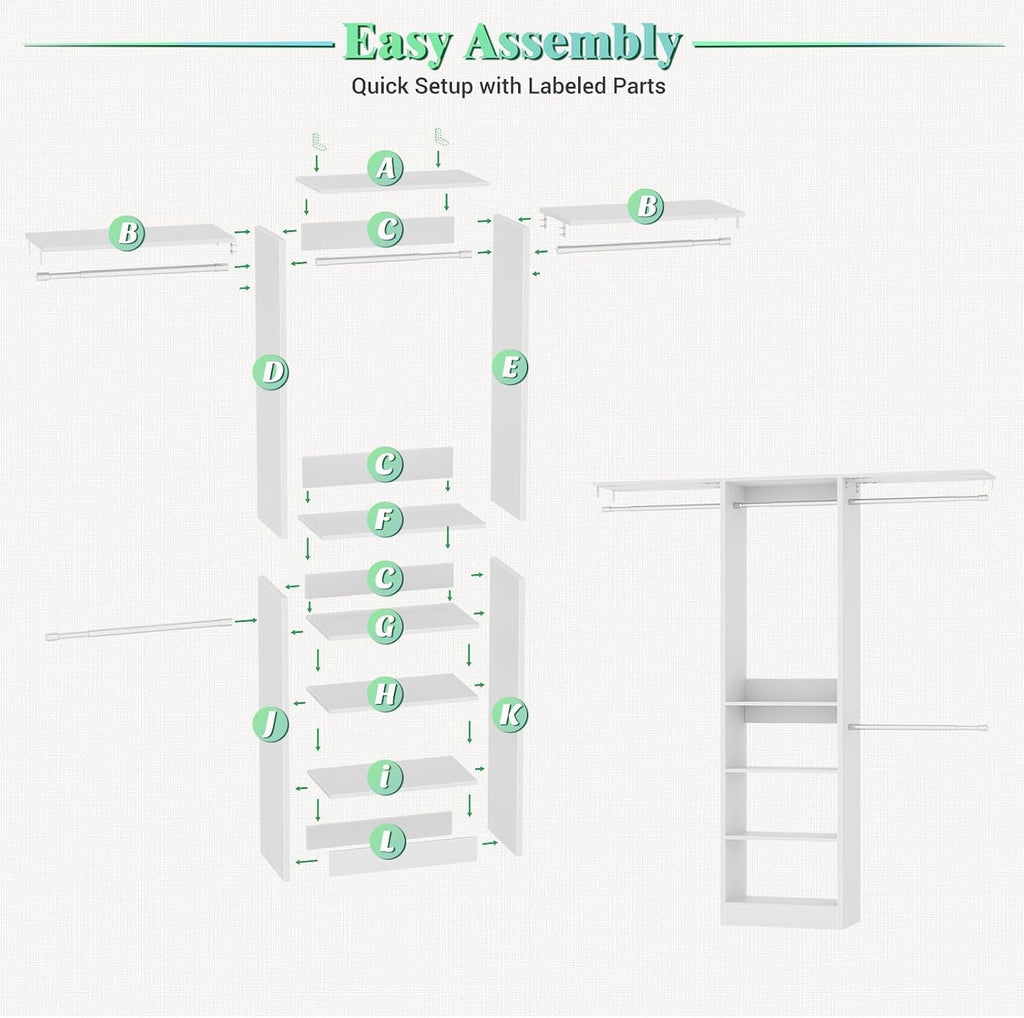 48" Closet Organizer System, 4FT Closet System for Small Closets with 4 Hanging Rods & 3 Shelves, 80"H Small Closet