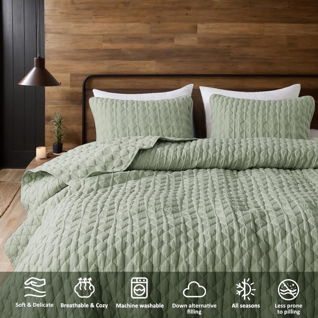 Sage Green Quilt Bedding Sets with Pillow Shams, Lightweight Soft Bedspread Coverlet, Quilted Blanket Thin