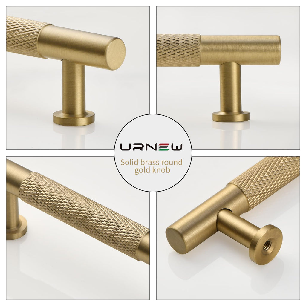 5" Knurled Solid Brass Cabinet Pulls, Brushed Matt Gold 5-Pack