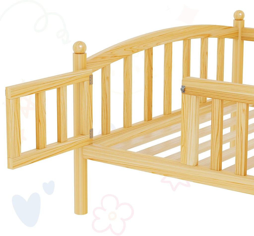 Twin Montessori Floor Bed Frame with High Rails and Door, Low-Profile Wood Kids Bed Frame with Slats, Twin Size