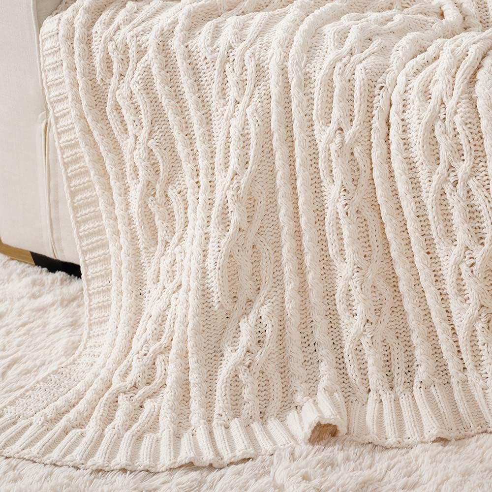 Cream White Ivory Throw Blanket, 51x 67 Inch, Woven Chenille Knit Throw Blanket for Chair, Super Soft Warm Decorative