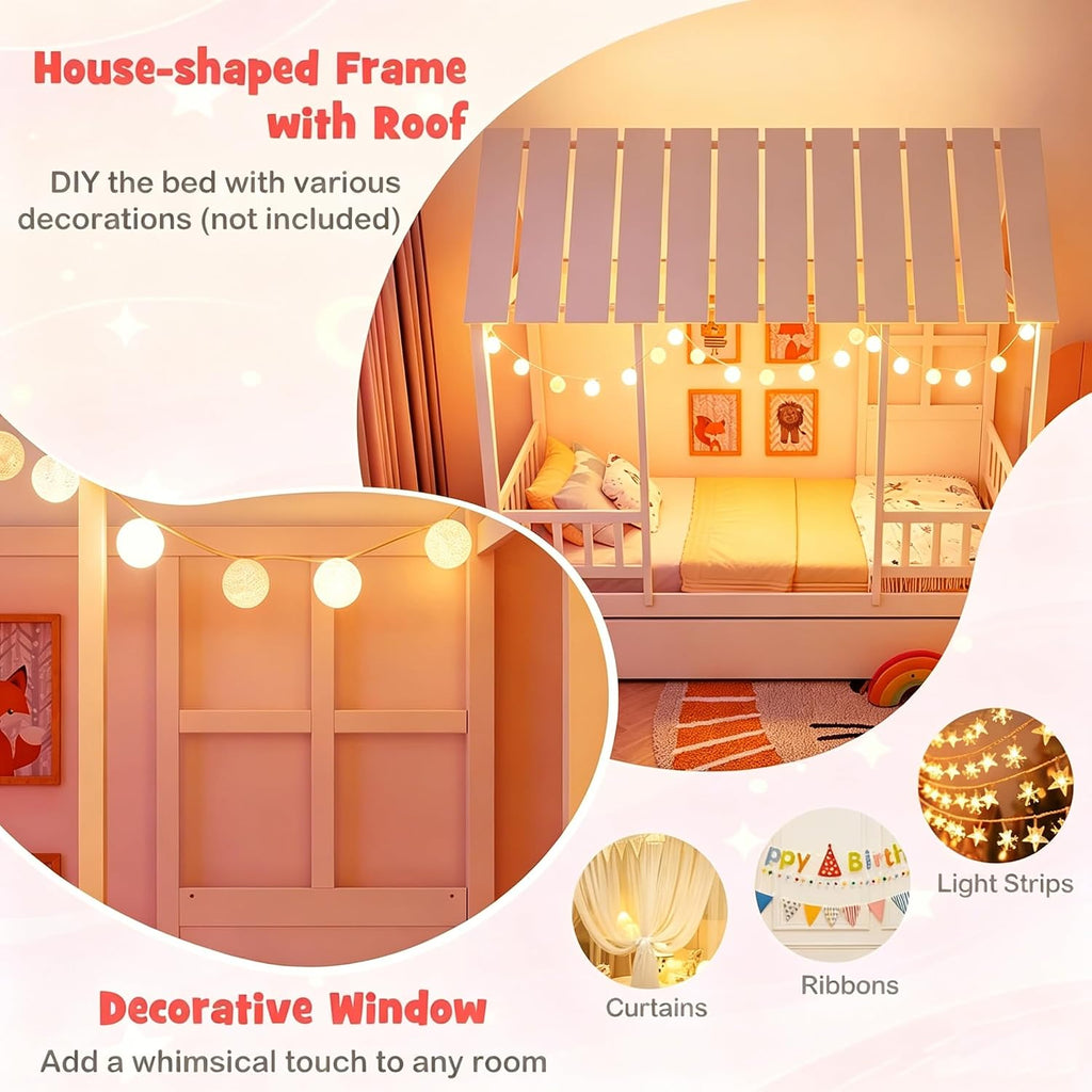 Tw Bed with Trundle Bed Twin, Wooden Montessori Bed Frame with Roof & Safety Guardrail for Kids, Teens, Boys or