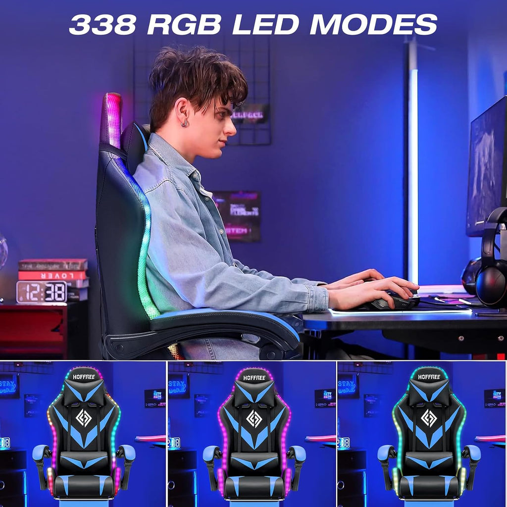 RGB Gaming Chair with Massage & Footrest Racing Style Computer Chair-Blue