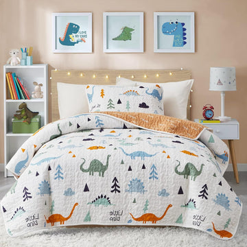 3-Piece Cotton Quilt Set Full/Queen, Cute Dinosaur Reversible Design for Kids Boys n Girls, Breathable Quilt