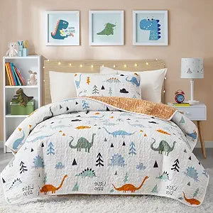 3-Piece Cotton Quilt Set Full/Queen, Cute Dinosaur Reversible Design for Kids Boys n Girls, Breathable Quilt