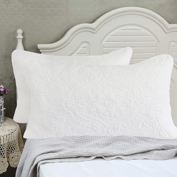 White Damask Quilted Pillow Shams Cotton Standard Size Pillow Cases Set of 2 Comfy Soft Decorative Pillow Covers