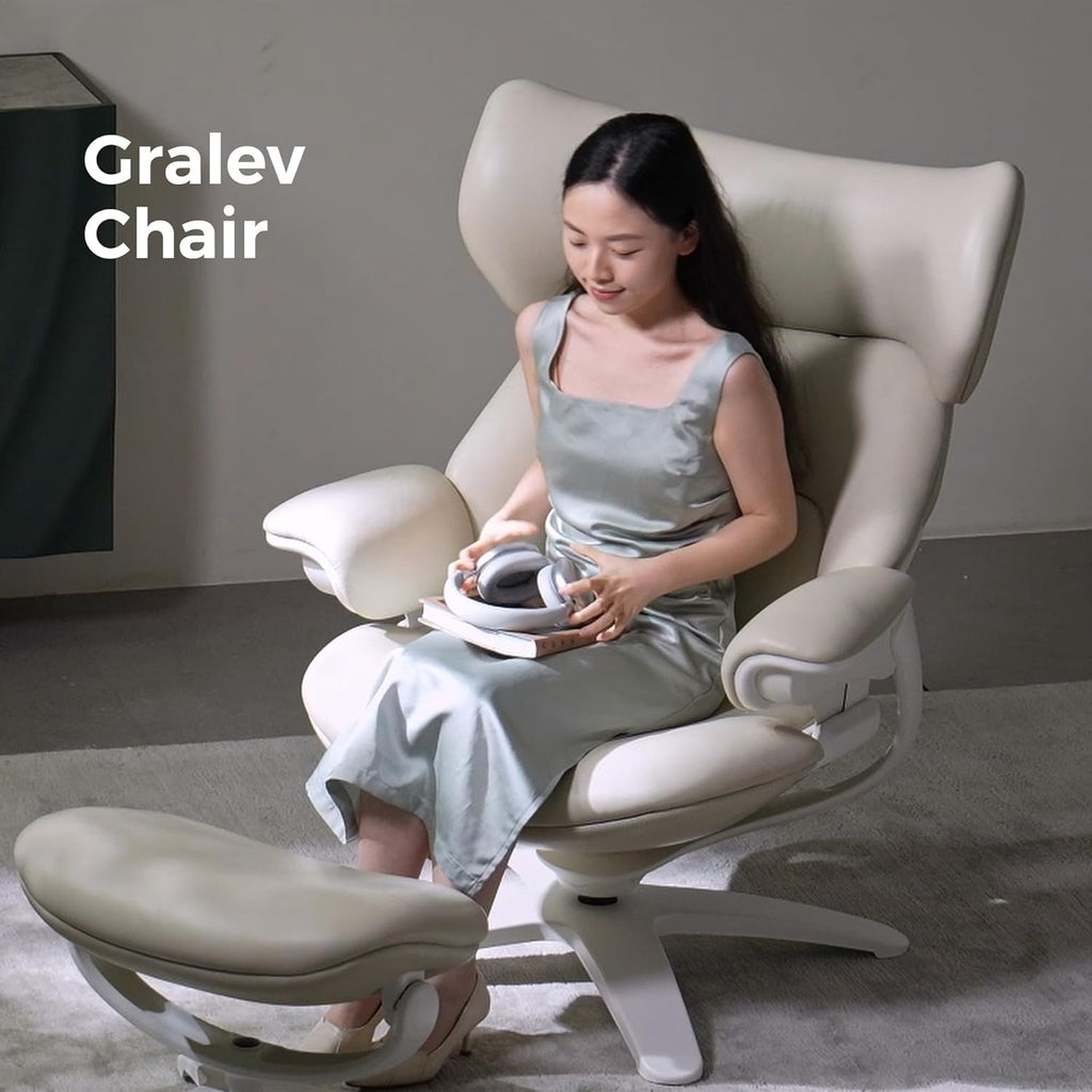 Modern Reclining Swivel Lounge Chair and Ottoman — White Genuine Leather