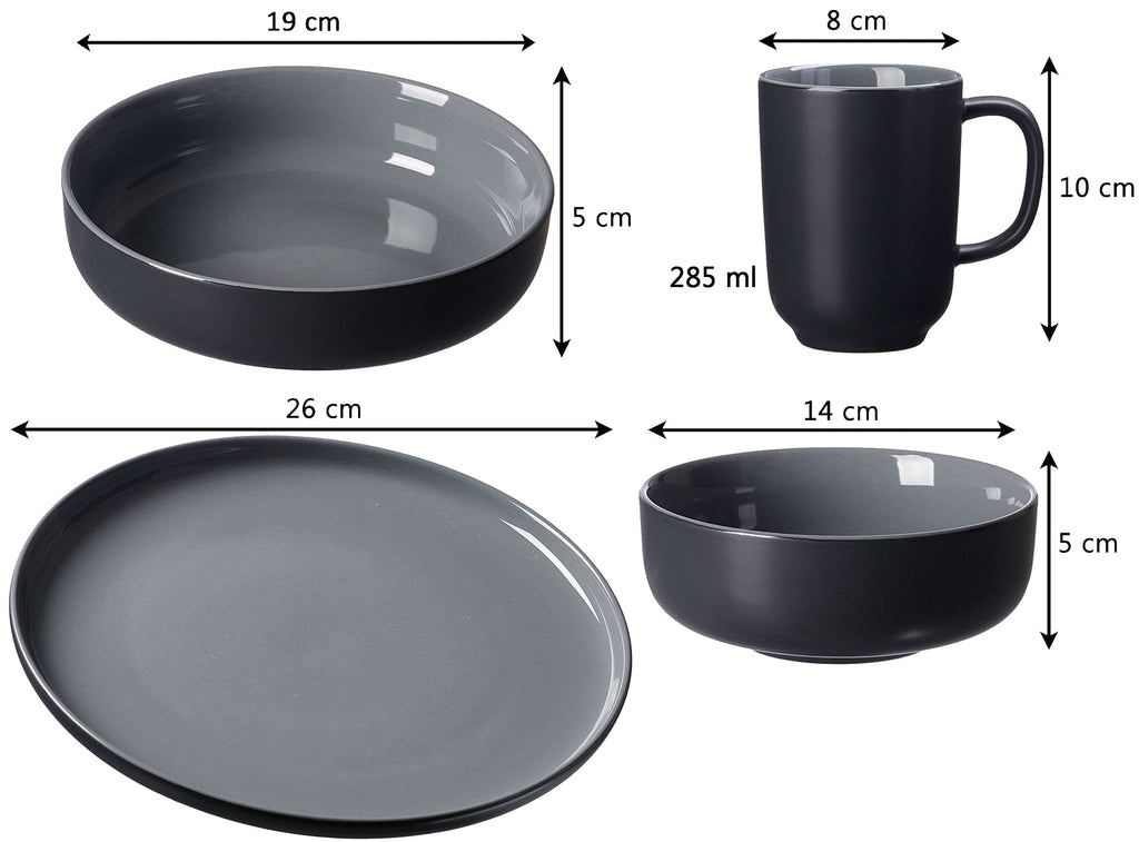 Jasper 16 Piece Black Stoneware Dinner Set Plates Bowls and Cups for 4 People