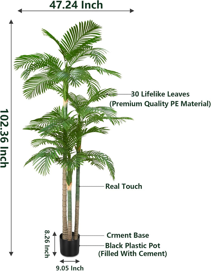 8.5ft Tall Triple Golden Cane Palm, Artificial Palm Tree Large Tropical Faux Palm Trees UV Resistant, Indoor &