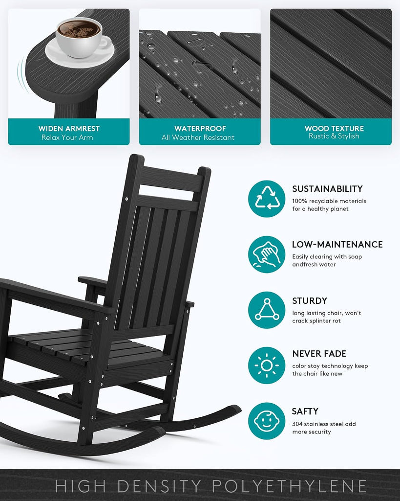 Outdoor Rocking Chair Set of 2, HDPE Rocking Chairs for Adult, Black