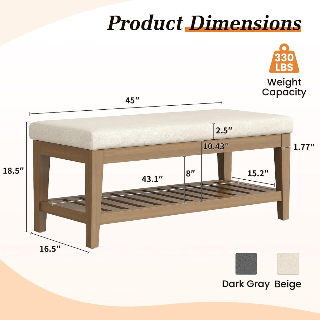 45" Shoe Rack Bench with Cushion, Solid Rubberwood Entryway Bench with Shoe Storage, Modern Chenille Upholstered Shoe