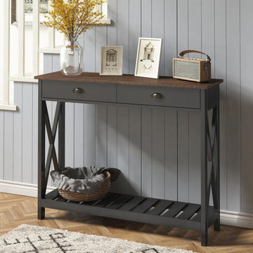 Farmhouse Console Table with Drawer, Narrow Long Entry Table with Shelf, Rustic Vintage Hallway Sofa Table with