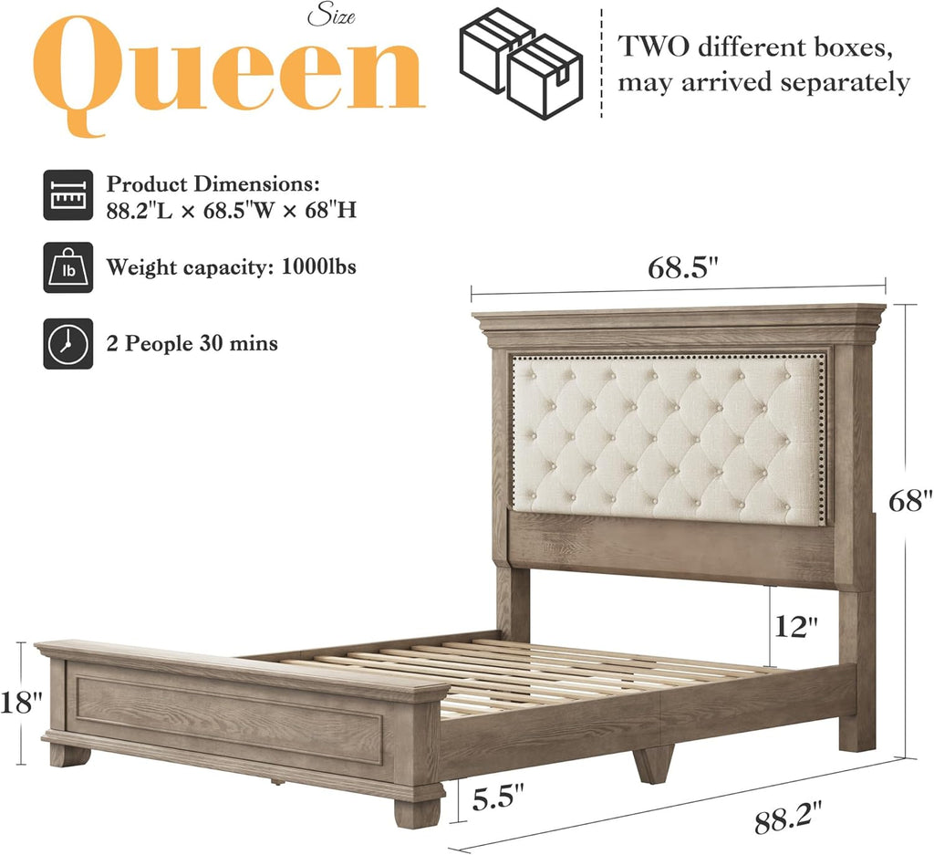 Solid Pine Wood Queen Bed Frame with 69" High Upholstered Headboard, Transitional Style Platform Bed, No Box Spring