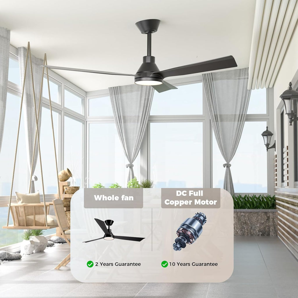 52 Inch Ceiling Fans with Lights and Remote, ETL Quiet Reversible DC Full Copper Motor, 2 Downrods, 3 CCT Dimmable, 6 Speeds Outdoor Ceiling Fans for Patios Porch Bedroom Living Room Black