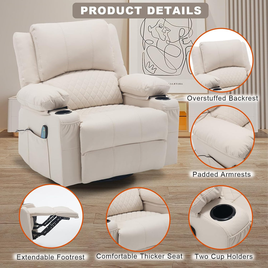 Leather Swivel Rocker Recliner Massage Nursery Rocking Glider Chair, White | Wide Seat, Overstuffed, Cup Holders