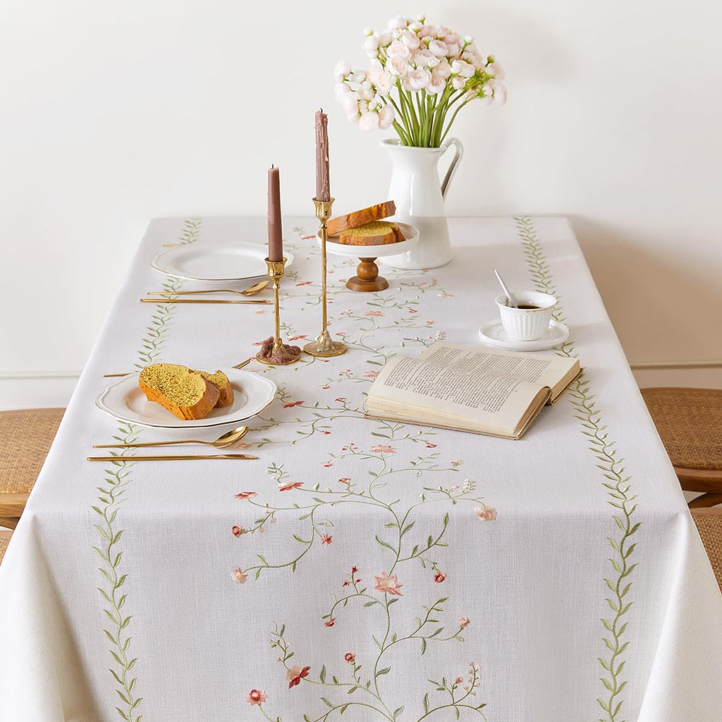 Linen Style Embroidered Tablecloth, Waterproof and Wrinkle-Resistant Table Cloth Rectangle Tables, F