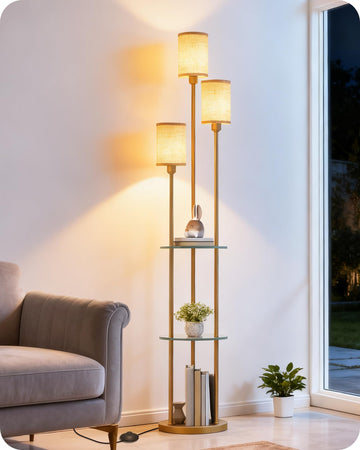 Floor Lamp with Shelves, Modern Floor Lamp with 3 Linen Shades and Foot Switch, 3-Light Standing Lamp, Study, Office
