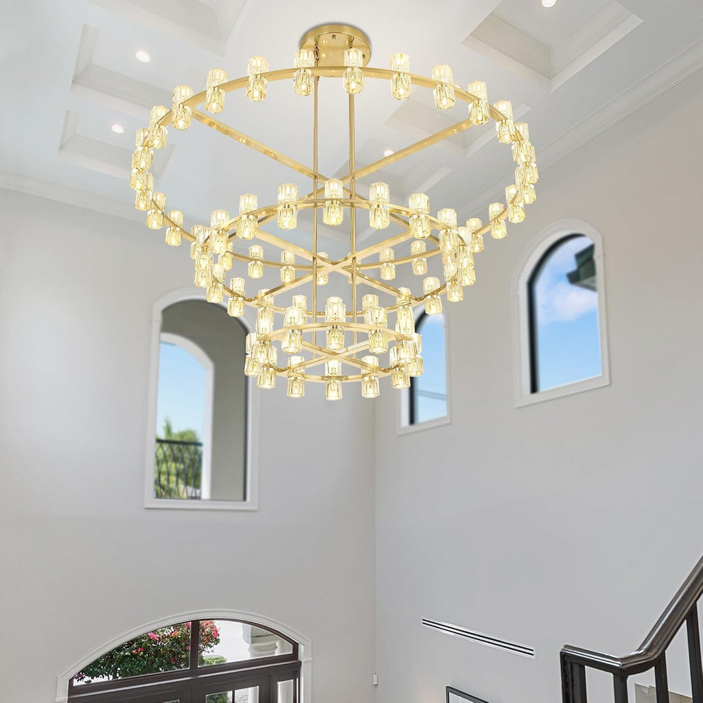 Inspired Arcachon Style 3-Tier Round Wagon Wheel Chandelier, 24" + 40" + 59" 124-Light Gold — Grand Foyer & High Ceilings