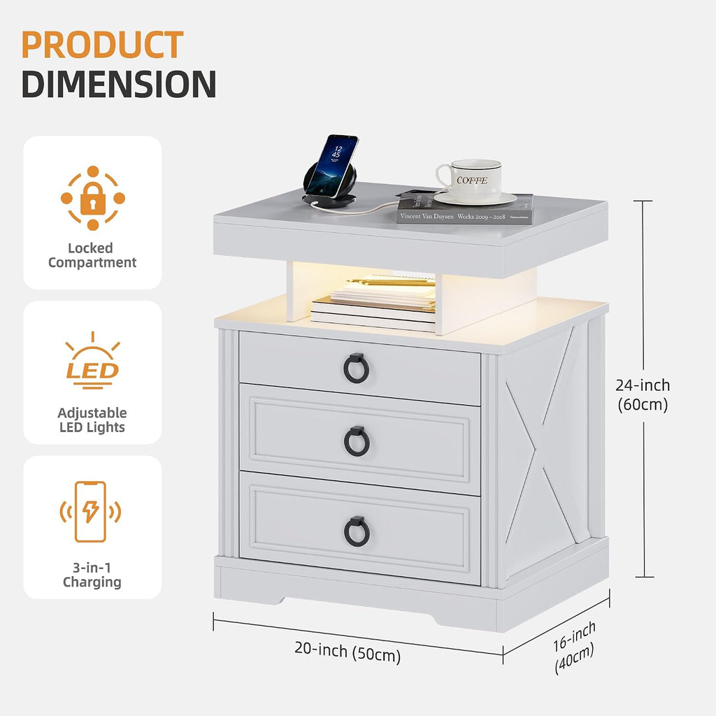 Lockable Night Stand - with Gun Drawer,LED Nightstand with Charging Station,Bedside Table with Human Sensor 3-Color