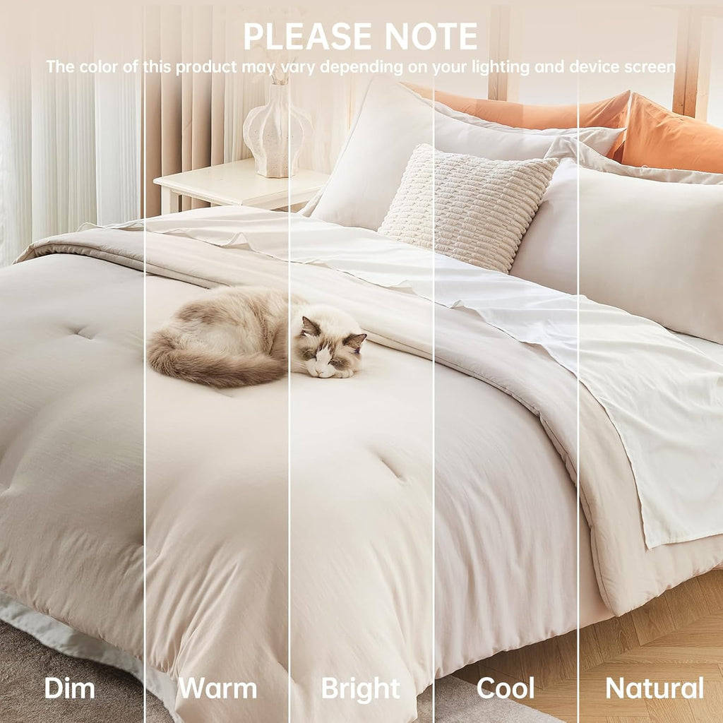 Comforter Set Beige, 3 Piece Solid Bedding for All Seasons