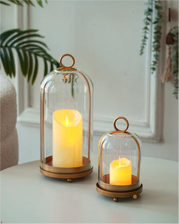 Glass Hurricane Candle Holders for Pillar Candles, Set of 2 (5" & 4" Wide) with Lamp Shape Glass Dome & Brass Base