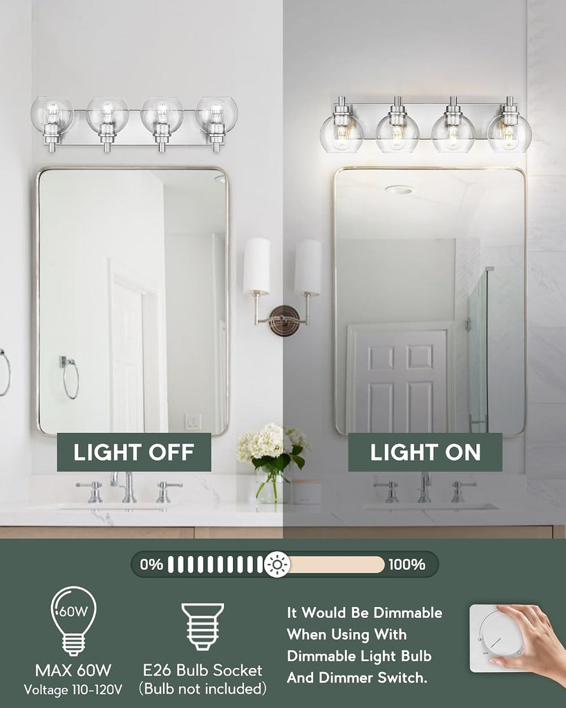 4-Light Brushed Nickel Bathroom Vanity Light, Clear Glass Globes | 26" modern bathroom light fixtures over mirror